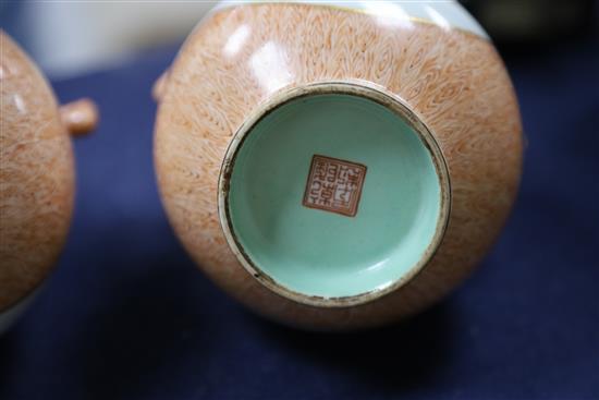 A pair of Chinese faux wood famille rose vases, hu, Qianlong mark, Republic period, H. 15.5cm